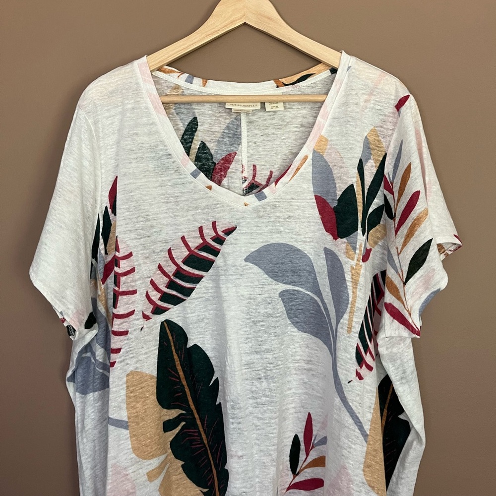 {Cynthia Rowley} Botanical Palm Leaf Short Sleeve Linen Tee - Womens 2X - Picture 2 of 8